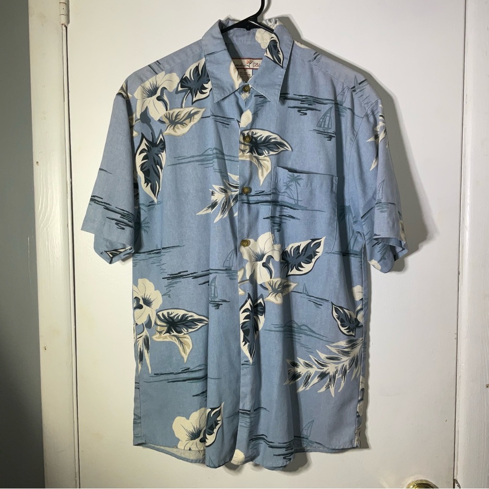 Paradise Blue Silk Tropical Button Down Shirt Short SL SZ M